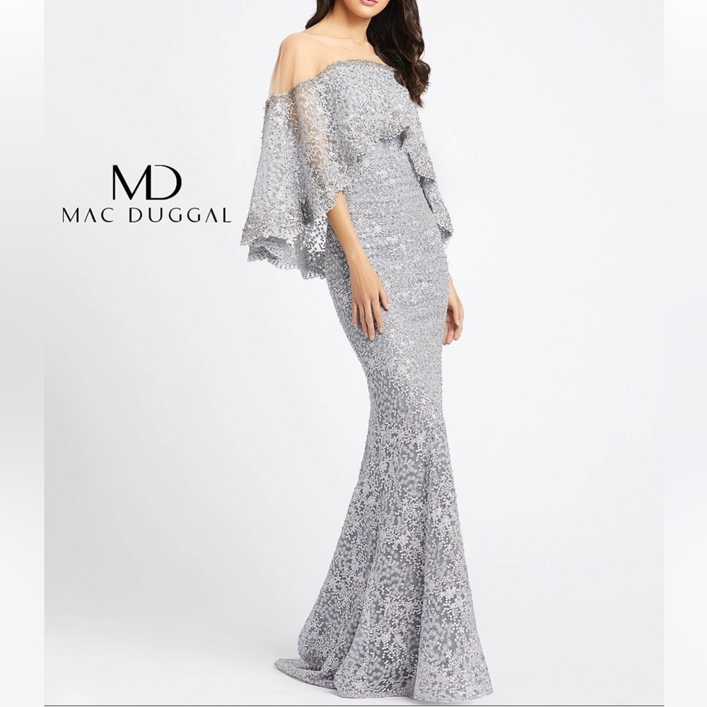 Mac Duggal Pearl Grey Cape Style Embellished Wedding Evening Gown- NWT- Reemoly